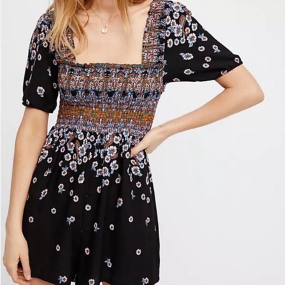 Free People Jane Printed Playsuit Size XS Women's Black Floral Puff Sleeve Boho